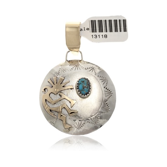 Kokopelli 12kt Gold Filled and .925 Sterling Silver Certified Authentic Handmade Navajo Native American Natural Turquoise Pendant 17042-8