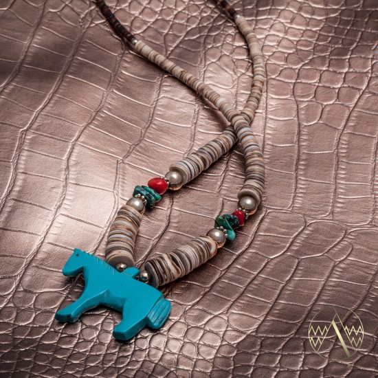 Horse .925 Sterling Silver Certified Authentic Carved Fetish Navajo Native American Natural Turquoise Graduated Melon Shell Coral Necklace 17058