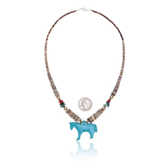 Horse .925 Sterling Silver Certified Authentic Carved Fetish Navajo Native American Natural Turquoise Graduated Melon Shell Coral Necklace 17058