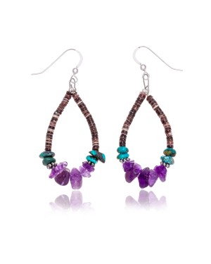 .925 Sterling Silver Hooks Certified Authentic Navajo Native American Natural Turquoise Pure Amethyst Heishi Hoop Dangle Earrings 18081-3