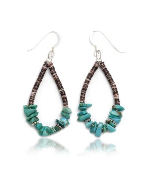 .925 Sterling Silver Hooks Certified Authentic Navajo Native American Natural Turquoise Heishi Hoop Dangle Earrings 18082