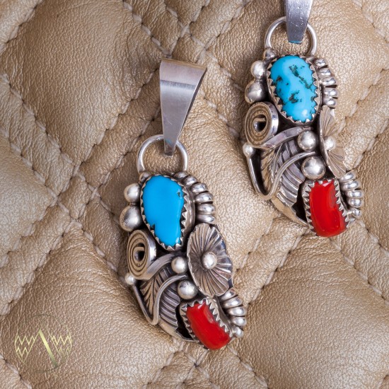 Flower .925 Sterling Silver Certified Authentic Handmade Navajo Native American Natural Turquoise and Coral Pendant 26211-1