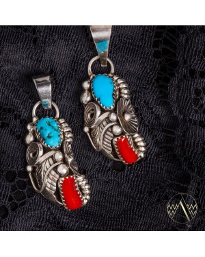 Flower .925 Sterling Silver Certified Authentic Handmade Navajo Native American Natural Turquoise and Coral Pendant 26211-1