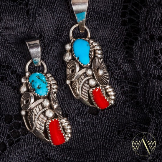 Flower .925 Sterling Silver Certified Authentic Handmade Navajo Native American Natural Turquoise and Coral Pendant 26211-1