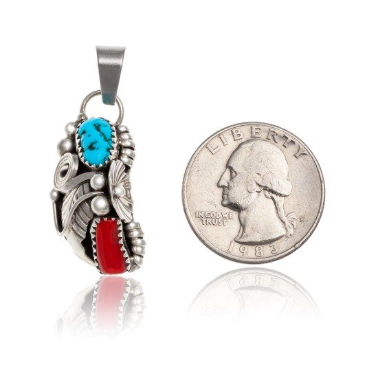 Flower .925 Sterling Silver Certified Authentic Handmade Navajo Native American Natural Turquoise and Coral Pendant 26211-1