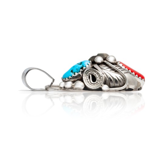 Flower .925 Sterling Silver Certified Authentic Handmade Navajo Native American Natural Turquoise and Coral Pendant 26211-1