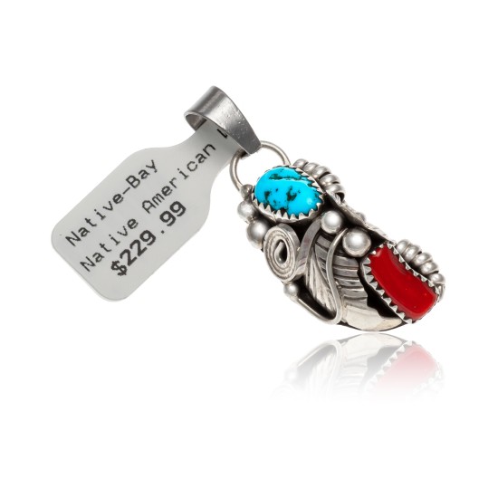 Flower .925 Sterling Silver Certified Authentic Handmade Navajo Native American Natural Turquoise and Coral Pendant 26211-1