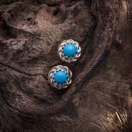 Delicate .925 Sterling Silver Certified Authentic Handmade Navajo Native American Natural Turquoise Stud Earrings  27228