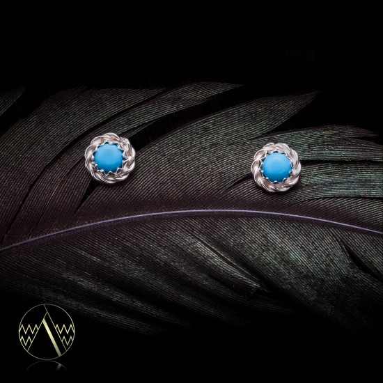 Delicate .925 Sterling Silver Certified Authentic Handmade Navajo Native American Natural Turquoise Stud Earrings  27228