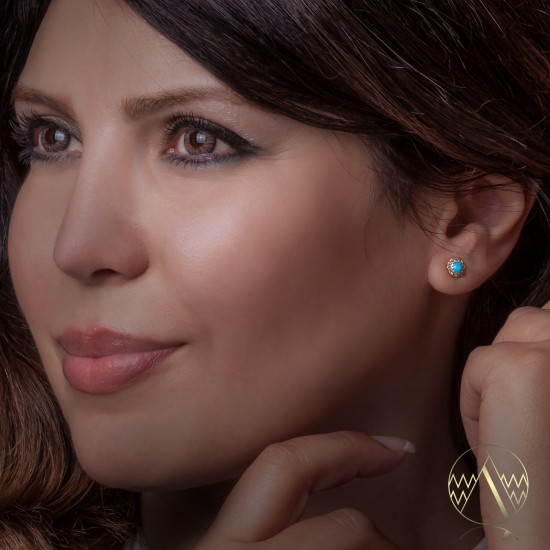 Delicate .925 Sterling Silver Certified Authentic Handmade Navajo Native American Natural Turquoise Stud Earrings  27228