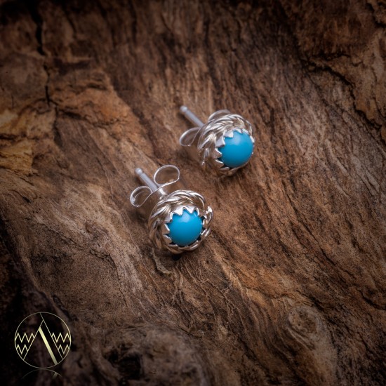 Delicate .925 Sterling Silver Certified Authentic Handmade Navajo Native American Natural Turquoise Stud Earrings  27228