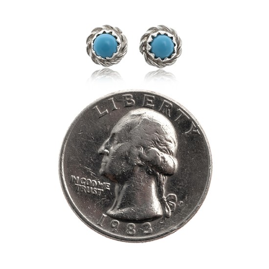 Delicate .925 Sterling Silver Certified Authentic Handmade Navajo Native American Natural Turquoise Stud Earrings  27228