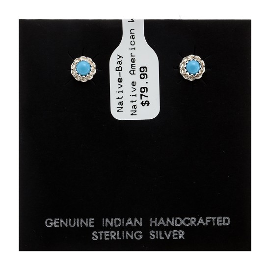 Delicate .925 Sterling Silver Certified Authentic Handmade Navajo Native American Natural Turquoise Stud Earrings  27228