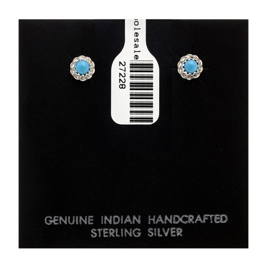 Delicate .925 Sterling Silver Certified Authentic Handmade Navajo Native American Natural Turquoise Stud Earrings  27228