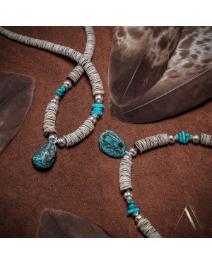 Natural Turquoise Graduated Melon Shell .925 Sterling Silver Certified Authentic Navajo Native American Necklace 390660320661