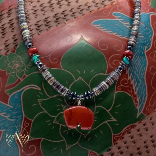 Carved Bear .925 Sterling Silver Navajo Native American Natural Turquoise Red Jasper Necklace and Pendant 750133-51 Carved Bear .925 Sterling Silver Navajo Native American Natural Turquoise Red Jasper Necklace and Pendant 750133-51