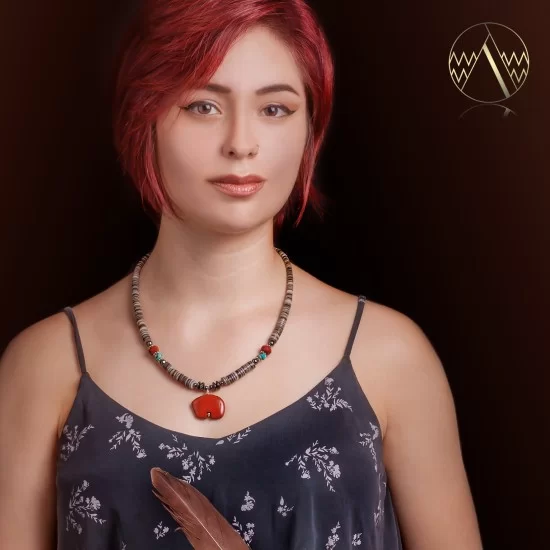 Carved Bear .925 Sterling Silver Navajo Native American Natural Turquoise Red Jasper Necklace and Pendant 750133-51 Carved Bear .925 Sterling Silver Navajo Native American Natural Turquoise Red Jasper Necklace and Pendant 750133-51