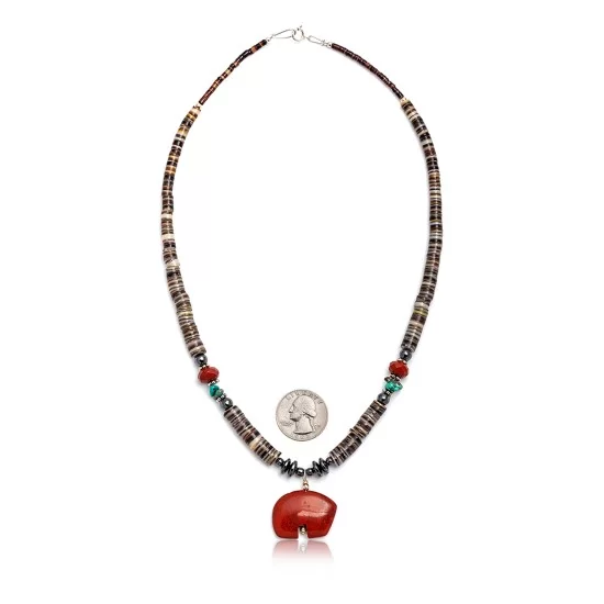 Carved Bear .925 Sterling Silver Navajo Native American Natural Turquoise Red Jasper Necklace and Pendant 750133-51 Carved Bear .925 Sterling Silver Navajo Native American Natural Turquoise Red Jasper Necklace and Pendant 750133-51
