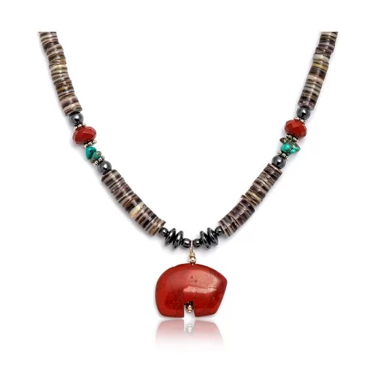 Carved Bear .925 Sterling Silver Navajo Native American Natural Turquoise Red Jasper Necklace and Pendant 750133-51 Carved Bear .925 Sterling Silver Navajo Native American Natural Turquoise Red Jasper Necklace and Pendant 750133-51