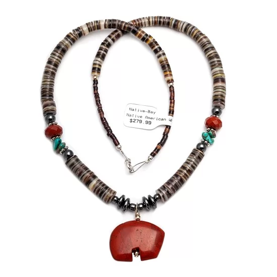 Carved Bear .925 Sterling Silver Navajo Native American Natural Turquoise Red Jasper Necklace and Pendant 750133-51 Carved Bear .925 Sterling Silver Navajo Native American Natural Turquoise Red Jasper Necklace and Pendant 750133-51