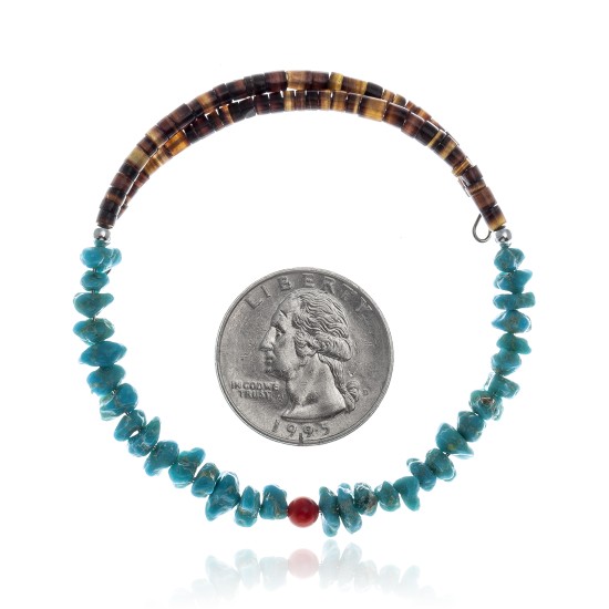 Natural Turquoise and Coral Certified Authentic Navajo Native American Adjustable Wrap Bracelet 22131