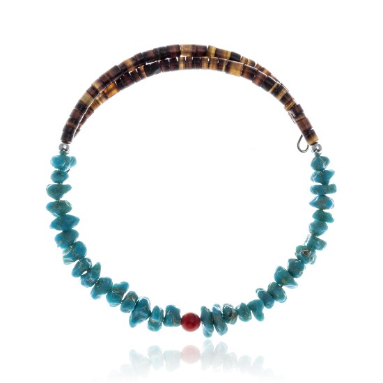 Natural Turquoise and Coral Certified Authentic Navajo Native American Adjustable Wrap Bracelet 22131