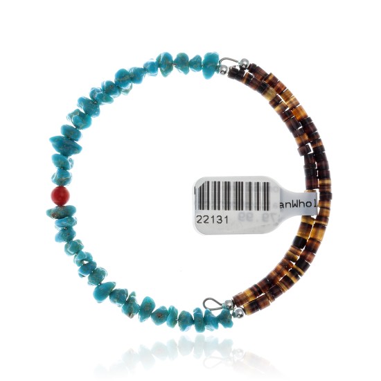 Natural Turquoise and Coral Certified Authentic Navajo Native American Adjustable Wrap Bracelet 22131