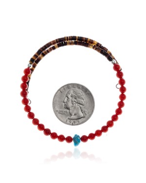 Coral and Natural Turquoise Certified Authentic Navajo Native American Adjustable Wrap Bracelet 22133