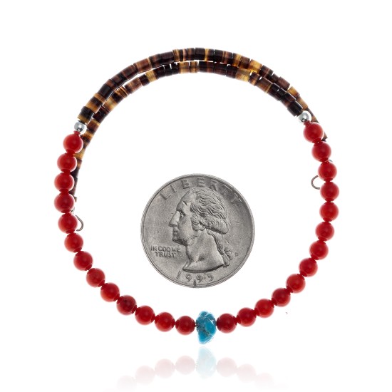 Coral and Natural Turquoise Certified Authentic Navajo Native American Adjustable Wrap Bracelet 22133