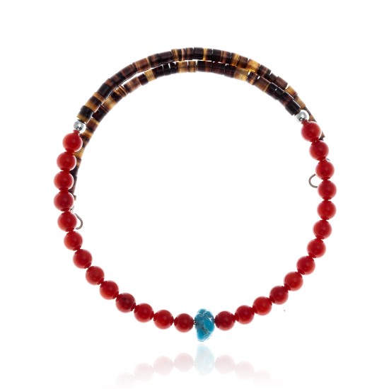 Coral and Natural Turquoise Certified Authentic Navajo Native American Adjustable Wrap Bracelet 22133