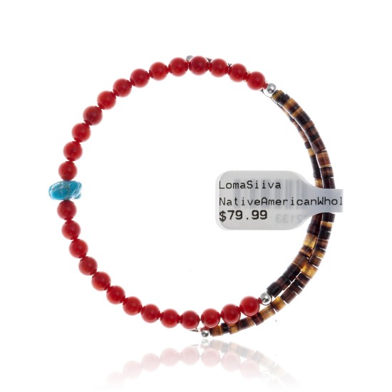 Coral and Natural Turquoise Certified Authentic Navajo Native American Adjustable Wrap Bracelet 22133