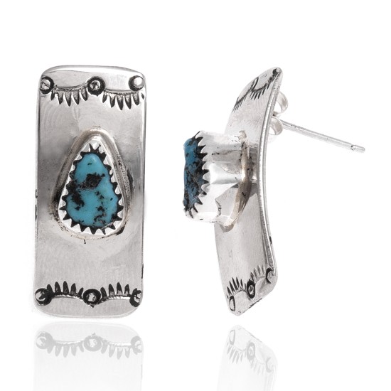 Sun Natural Turquoise .925 Sterling Silver and Nickel Certified Authentic Navajo Native American Handmade Stud Earrings 24375