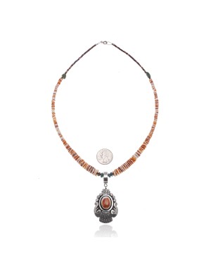 Natural Turquoise Spiny Oyster .925 Sterling Silver Certified Authentic Navajo Native American Handmade Necklace and Pendant 24537-5-18111