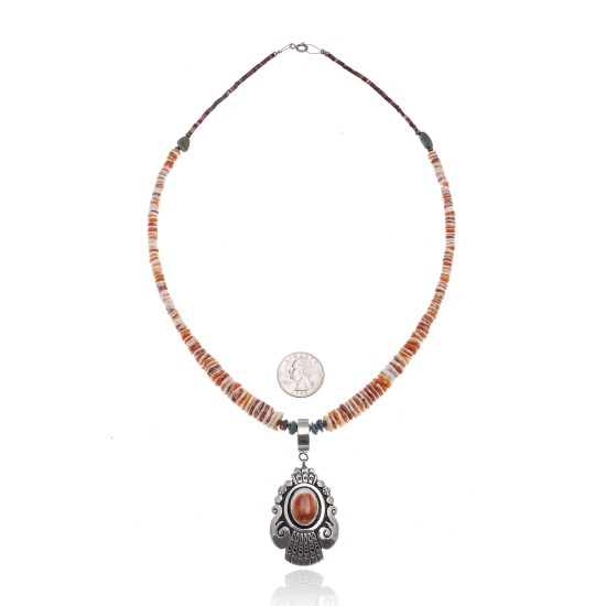 Natural Turquoise Spiny Oyster .925 Sterling Silver Certified Authentic Navajo Native American Handmade Necklace and Pendant 24537-5-18111