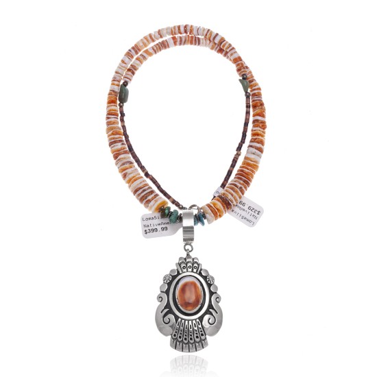 Natural Turquoise Spiny Oyster .925 Sterling Silver Certified Authentic Navajo Native American Handmade Necklace and Pendant 24537-5-18111