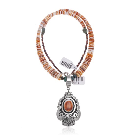 Natural Turquoise Spiny Oyster .925 Sterling Silver Certified Authentic Navajo Native American Handmade Necklace and Pendant 24537-5-18111