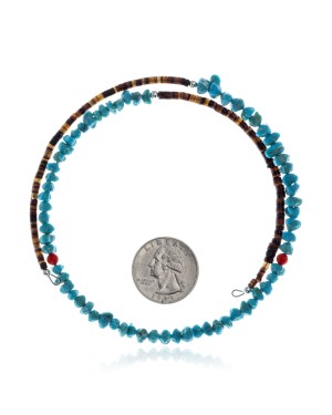 Natural Turquoise and Coral Certified Authentic Navajo Native American Adjustable Choker Wrap Necklace 25581