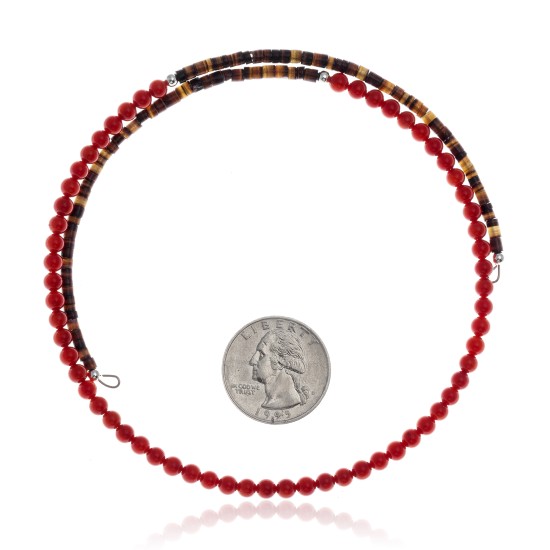 Coral and Natural Turquoise Certified Authentic Navajo Native American Adjustable Choker Wrap Necklace 25582