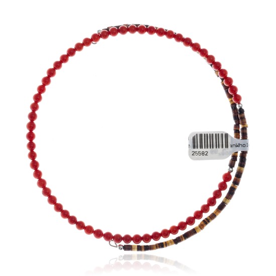 Coral and Natural Turquoise Certified Authentic Navajo Native American Adjustable Choker Wrap Necklace 25582