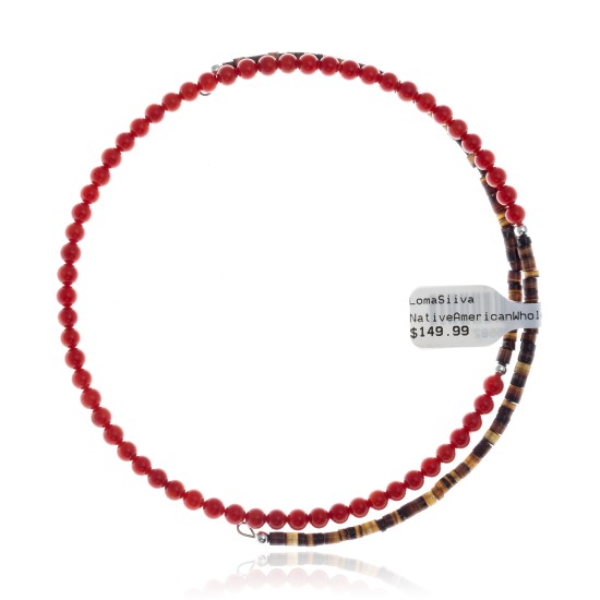 Coral and Natural Turquoise Certified Authentic Navajo Native American Adjustable Choker Wrap Necklace 25582