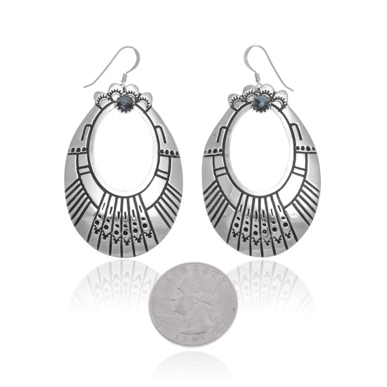 Natural Turquoise .925 Sterling Silver Certified Authentic Navajo Native American Handmade Dangle Earrings 27215-1