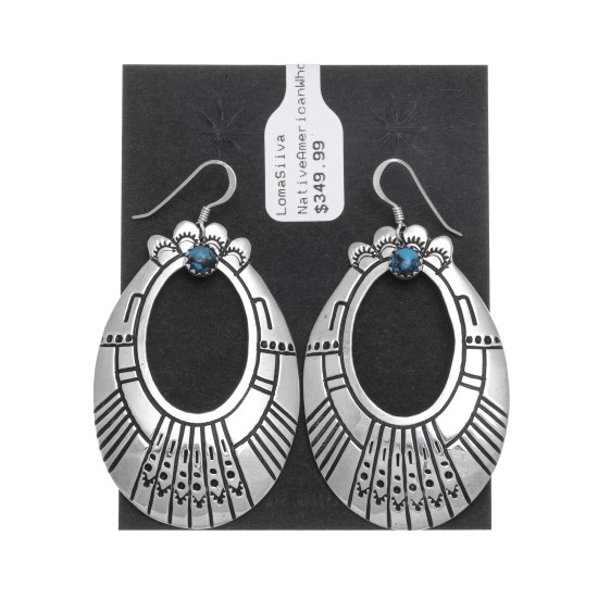 Natural Turquoise .925 Sterling Silver Certified Authentic Navajo Native American Handmade Dangle Earrings 27215-1