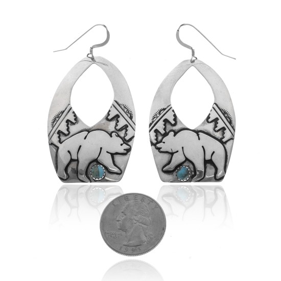 Bear Cloud Sun Natural Turquoise .925 Sterling Silver Certified Authentic Navajo Native American Handmade Dangle Earrings 27215