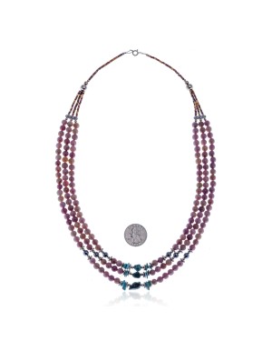Natural Turquoise Pink Jasper Hematite .925 Sterling Silver Certified Authentic Navajo Native American 3 Strand Necklace 750165