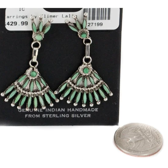 Handmade Zuni .925 Sterling Silver Natural Turquoise Dangle Native American Earrings 27199