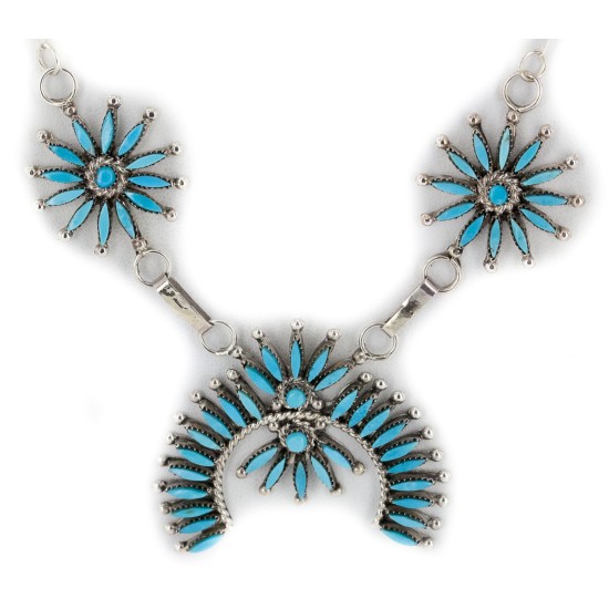 Petit Point Handmade Certified Authentic Zuni .925 Sterling Silver Natural Turquoise Native American Necklace 27203