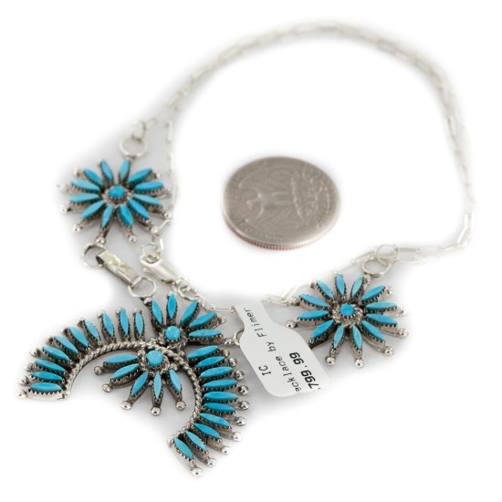 Petit Point Handmade Certified Authentic Zuni .925 Sterling Silver Natural Turquoise Native American Necklace 27203