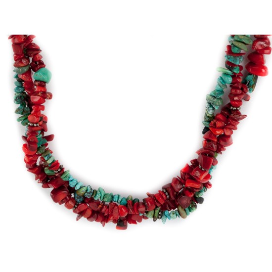 3 Strand Certified Authentic Navajo .925 Sterling Silver Coral Natural Turquoise Twisted Native American Necklace 15937-104