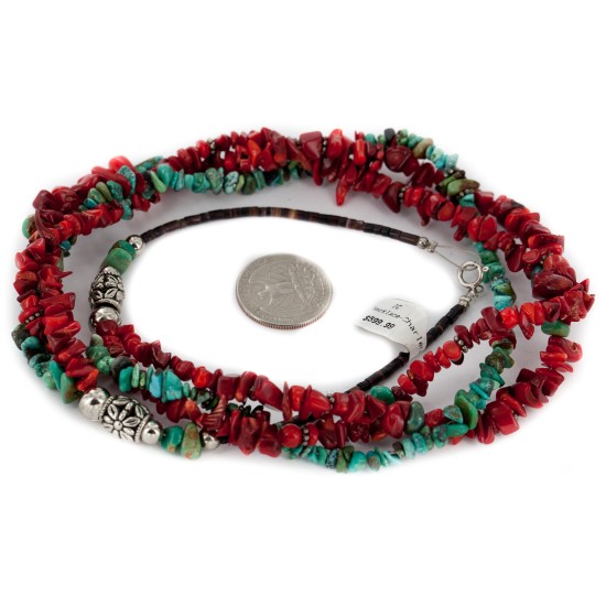3 Strand Certified Authentic Navajo .925 Sterling Silver Coral Natural Turquoise Twisted Native American Necklace 15937-104