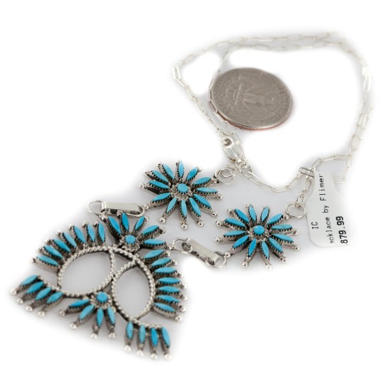 Petit Point Handmade Certified Authentic Zuni .925 Sterling Silver Natural Turquoise Native American Necklace 27204